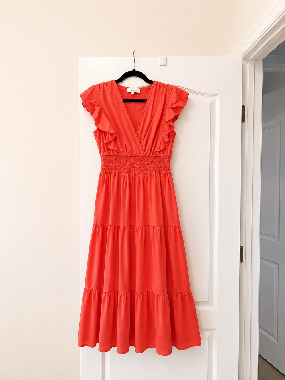 PINCH Coral Ruffle Midi Dress Medium Like New